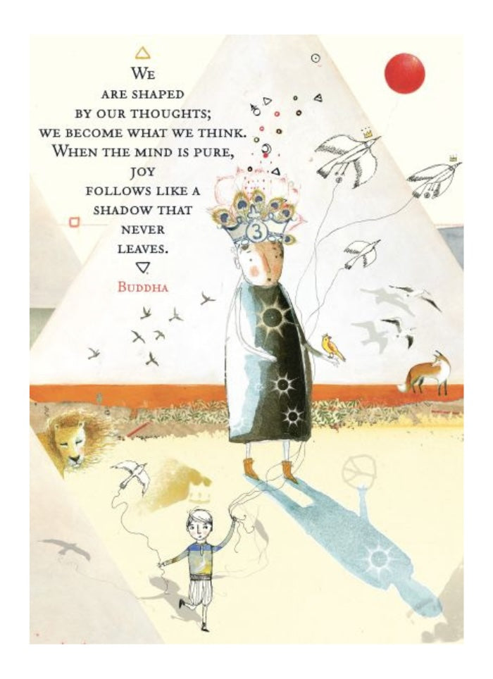 Illustration of a child and an adult with a quote by Buddha on a white background