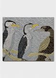 Three stylized birds on a branch with a geometric fish pattern in the background