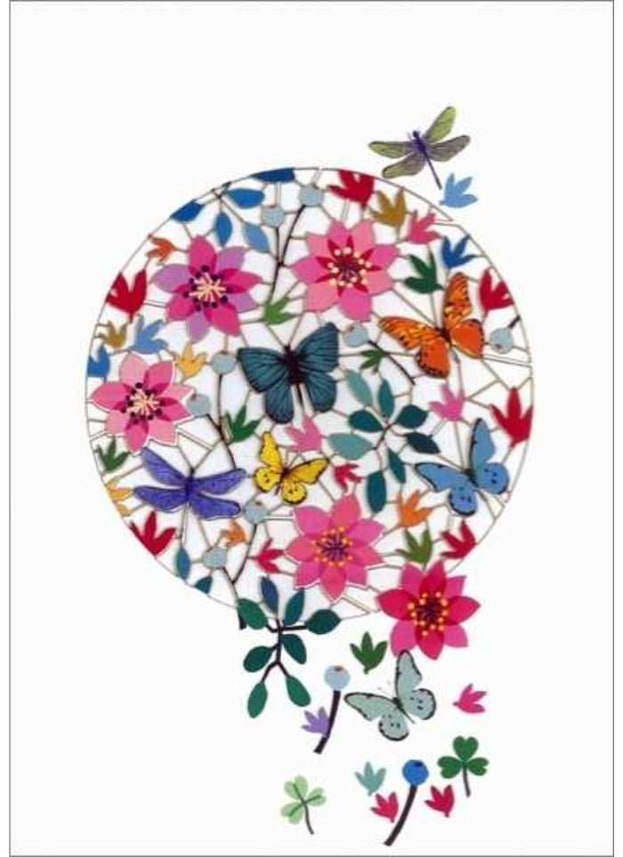 Colorful balloon design with flowers and butterflies on a white background