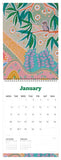 Calendar for January with a colorful design featuring plants and a bird.