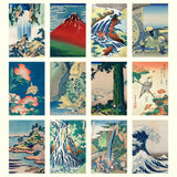 Collage of various Japanese woodblock prints featuring landscapes, nature, and traditional scenes.