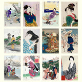 Grid of Japanese woodblock prints featuring women in traditional attire.