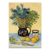 Still life painting with flowers, lemons, and a teacup on a table.