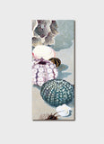 A vertical rectangular art print featuring a still-life illustration of seashells and sea urchins in muted pastel tones, shown against a light gray background.