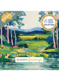 A Christmas greeting card featuring a watercolor landscape painting of a green valley with trees, mountains, and a river. The card includes 'AUSTRALIA artist' branding in the top left, a 'Season's Greetings' banner at the bottom, and a circular '10 Charity Christmas Cards' badge for Children's Medical Institute and Jeanne Guelag.