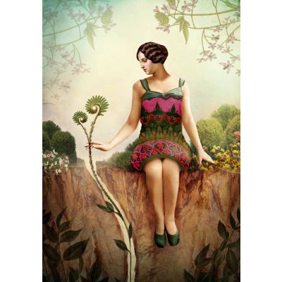 Art card by Catrin Welz-Sten Ace of Pentacles. A girl sitting on rock next to a plant.