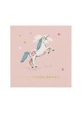A unicorn with a blue mane on a pink background with the words Have a Magical Birthday in gold lettering