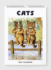 2027 calendar with illustration of two cats fishing on a wooden bridge.