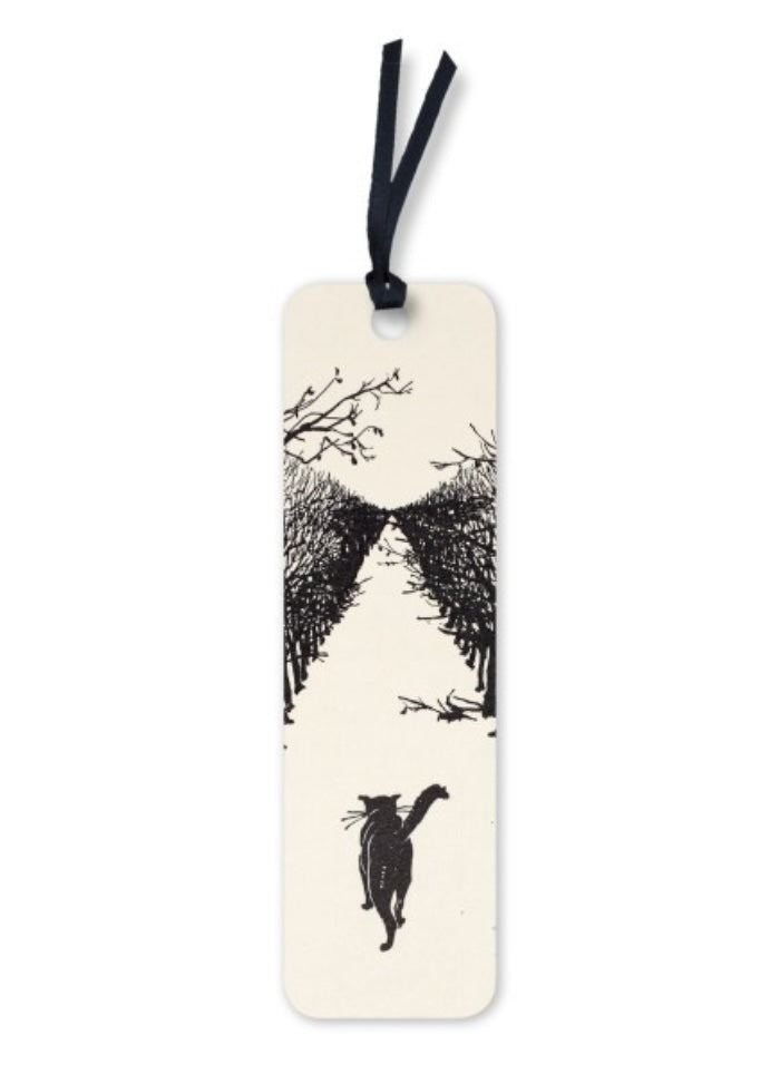 Bookmark with a black and wuite picture of a cat walking away from us between hedges