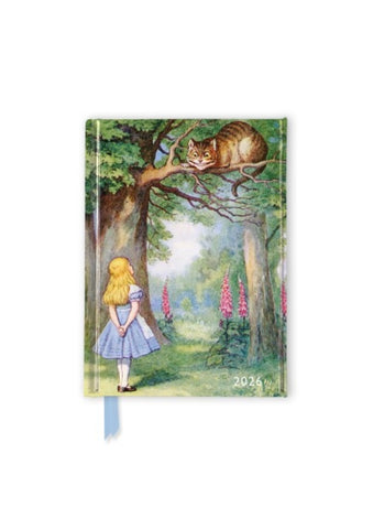 Calendar with illustration of Alice in Wonderland, featuring a girl and a cheshire cat in a tree.
