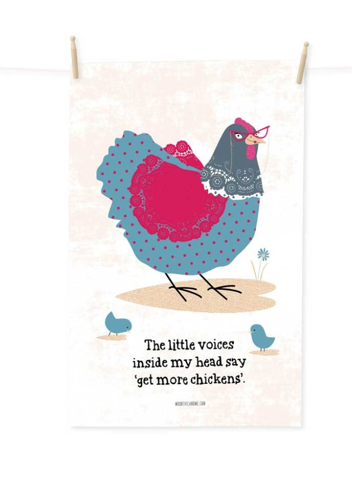 Chicken wearing glasses in bright colours on white teatowel.
