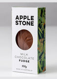 Box of Apple Stone milk chocolate fudge with a clear window showing the product.