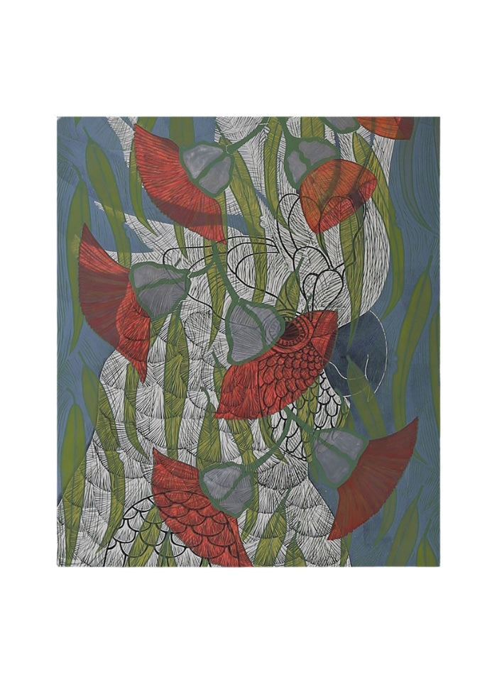 A card featuring an illustrated scene with red lossoms, green leave, and a white cockatoo on a muted blue background.