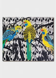 Decorative panel with three colorful parrots on a branch against a black and white patterned background.