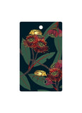 Decorative card with red flowers and gold insects on a dark background