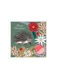 A square Christmas Card with an echidna on a green background with native flowers and the words Merry Christmas.