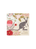 A square Christmas card with a Kangaroo on a beige background and native flowers in reds and pinks.