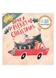 Christmas card with a red car, Santa, and animals driving with a Christmas tree, featuring 'Have a Merry Christmas' text.