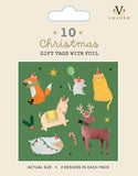 Packaging with a green gift tag a=with animals on it and the words 10 Christmas gift tags with foil.