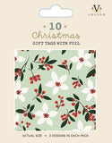 Packet of 10 Christmas gift tags with foil and a tag with green, red and white foliage and flowers.