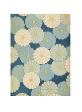 A card featuring a repeating pattern of stylized daisy-like flowers in cream, light blue, and medium blue on a dark blue background.