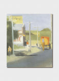 Painting of a street scene with people and a yellow building.