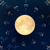 A celestial art print featuring a large textured golden-yellow moon at the center, surrounded by a dark navy blue background filled with white zodiac symbols, astrological names, and stars.