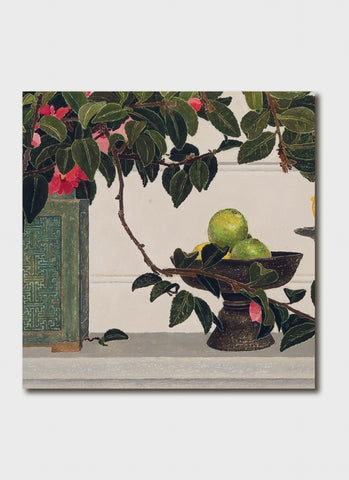 Cressida Campbell art card - Camellias with Limes and Lemons