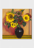 Painting of sunflowers and a black vase on a colorful background