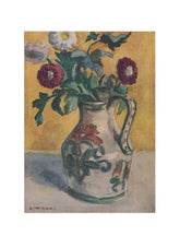 A watercolor-style floral painting showing a white ceramic pitcher vase with green leaves and flowers against a warm yellow background, presented as an art print with a thin dark border.