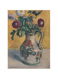 A watercolor-style floral painting showing a white ceramic pitcher vase with green leaves and flowers against a warm yellow background, presented as an art print with a thin dark border.