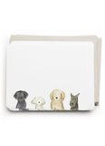 Note card with illustrations of four dogs on a white background