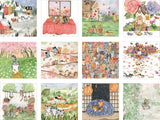 Grid of illustrated scenes with cats in various settings