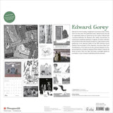 Back cover of a book or product packaging featuring black and white illustrations and text about Edward Gorey.