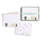 Set of dog-themed notecards with envelopes and a box packaging on a white background