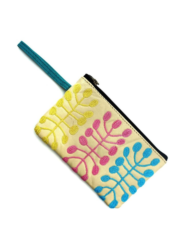 Embroidered pouch with colorful floral patterns on a white background