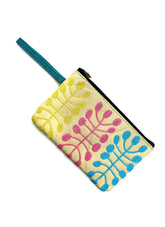 Embroidered pouch with colorful floral patterns on a white background