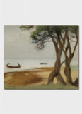 A beach with boats off shore and trees