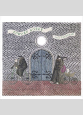 Cover of Edward Gorey 2027 calendar with a door and figures illustration.