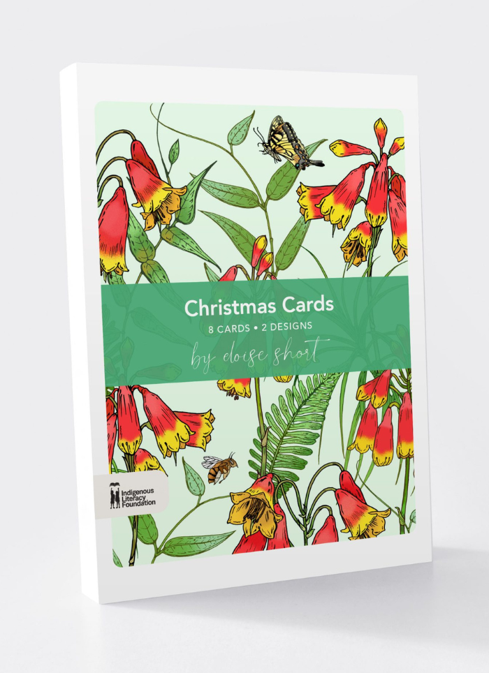 Christmas Card Pack front cover with Christmas Bells in orange, yellow and green with a butterfly and a bee.