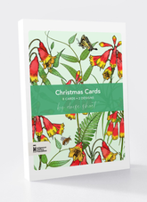 Christmas Card Pack front cover with Christmas Bells in orange, yellow and green with a butterfly and a bee.