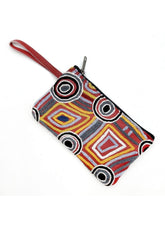 Colourful geometric patterned pouch with a strap on a white background