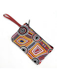 Colourful geometric patterned pouch with a strap on a white background