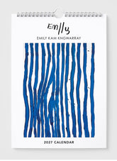 Calendar with blue abstract design and 'Emily Kam Kngwarrey' text on a white background
