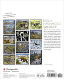 Back cover of a book featuring illustrations of wildlife by Molly Hashimoto with Pomegranate logo.