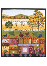 Multicolored tapestry with a landscape design featuring trees, animals, and buildings.