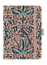 Notebook with a decorative cover featuring birds and foliage on a beige background