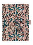 Notebook with a decorative cover featuring birds and foliage on a beige background