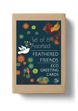 A brown box with a dark blue label and abstract bird and tree designs.