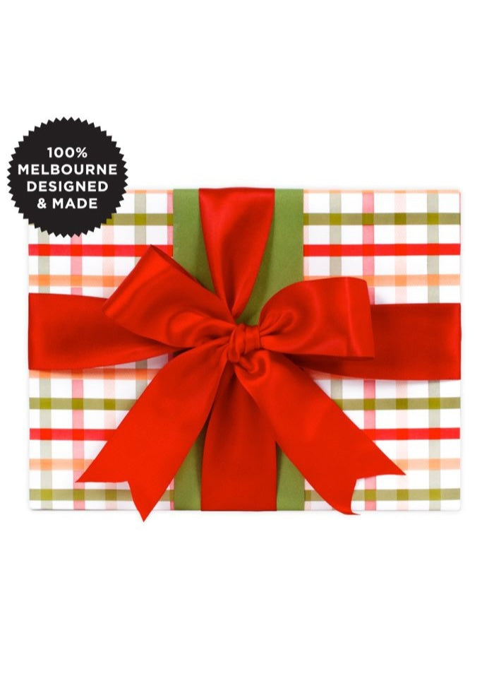 Festive plaid gift wrapping in red, green and white - 5m roll.